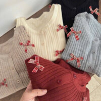 Áo Len Dệt Kim Montogi Cổ V Cài Nút Tay Ngắn, Áo Kiểu Phối Nơ Dáng Ngắn Dễ Thương Phong Cách Hàn Quốc 2024