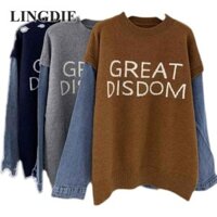 Áo len dệt kim mùa thu dành cho nữ có chữ và tay áo Denim sành điệu