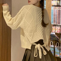 Áo len dệt kim ngắn mỏng thắt nơ sau lưng rộng mùa thu đông, áo len nữ cổ tròn dài tay điệu đà cá tính 9047