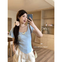 Áo len dệt kim nơ tay bay phong cách Hàn Quốc với áo cổ chữ U sành điệu