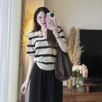 Áo Len Dệt Kim QC Sang Chảnh Tay Bồng Phối Kẻ Sọc Tone Màu hạt Tiêu Xinh Xắn Sang Chảnh Vibe Hàn Quốc Vintage