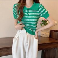 áo len dệt kim sọc ngang cổ bẻ basic (7280#)