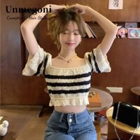 Áo len dệt kim sọc tay bay UNMEGONI, Áo ngắn tay hở rốn phong cách Hàn Quốc, Áo sơ mi ngắn tay cổ vuông nhẹ nhàng gió chất lượng cao