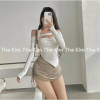 áo len dệt kim trễ vai dáng lệch vạt mix dây choàng cổ sexy (Q021#)