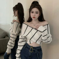 Áo len dệt kim trễ vai kẻ sọc kiểu dáng croptop thời trang Hàn Quốc