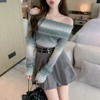 áo len dệt kim trễ vai loang màu lệch vạt rách gấu (13338#)(13353#)