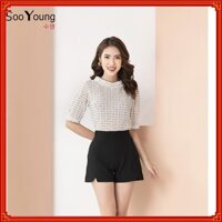 Áo len dệt mỏng tay lỡ xếp cổ giếng- Trắng-Sooyoung - Xanh,L