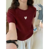 Áo Len Dệt QC Cổ Tròn Thêu Tim Tay Bồng Phong Cách Hàn Quốc Vibe Basic Vintage