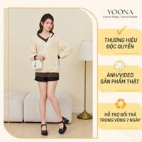 Áo len dệt sợi cổ V tay bo màu be phối nâu trẻ trung YOONA - YDL4S552