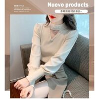 Áo len đính cườm cổ chữ V phong cách Hàn Quốc