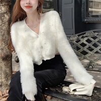 Áo len đính hạt cườm cổ chữ V lông thỏ siu mềm mại đáng yêu phiên bản Hàn Quốc, Áo len nữ cá tính và thời trang