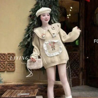 Áo len form rộng họa tiết hình thỏ phối viền bèo ren cổ bèo đính hình nổi tay dài hàng QC TOMBI SHOP