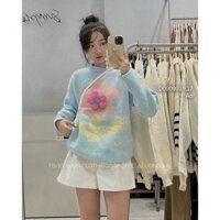 Áo len form rộng kiểu ngực phối hình bông hoa nổi tay dài hàng QC TOMBI SHOP