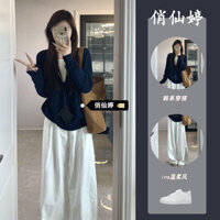 Áo Len Giả Hai Chiếc Màu Xanh Nước Biển Cao Cấp Áo Len Dệt Kim Áo Dài Tay Lười Đầu Thu Cho Nữ