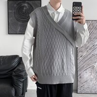 Áo len gile nam trơn cổ V phối len thừng len đan giả đăp vạt ulzzang