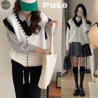 Áo len gile nữ trắng viền đen vặn thừng style Hàn Quốc AL060