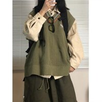 Áo len gile xanh rêu cổ V mix sơ mi vải nhung