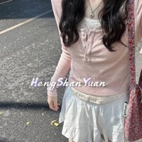 Áo Len Hoa Hồng Nữ Mùa Xuân Phong Cách Hàn Quốc Nhẹ Nhàng Ngọt Ngào Bên Trong Mặc Slim-Fit Đế Áo Thun Ngắn Top