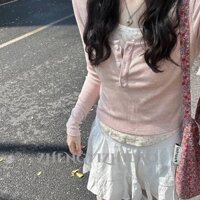 Áo Len Hoa Hồng Nữ Mùa Xuân Phong Cách Hàn Quốc Nhẹ Nhàng Ngọt Ngào Bên Trong Mặc Slim-Fit Đế Áo Thun Ngắn Top