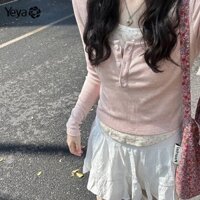 Áo Len Hoa Hồng Nữ Mùa Xuân Phong Cách Hàn Quốc Nhẹ Nhàng Ngọt Ngào Bên Trong Mặc Slim-Fit Đế Áo Thun Ngắn Top