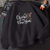 Áo len in hình dòng năm mới TH-T Unisex Đen 100% áo khoác lông cừu lót cotton rộng