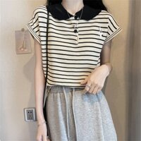 Áo Len kẻ ngang chất mongtoghi tay hến,, Áo cổ bẻ họa tiết thêu hình co giãn mềm mại A925