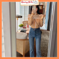 Áo len kẻ ngang trễ vai dài tay nữ tính MS530