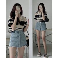 Áo len kẻ polo cộc tay - Áo croptop nữ len dệt kim dáng rộng tay ngắn kiểu cổ đức phong cách Hàn Quốc