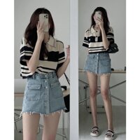 Áo len kẻ polo cộc tay - Áo croptop nữ len dệt kim dáng rộng tay ngắn kiểu cổ đức phong cách Hàn Quốc