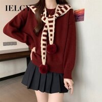 Áo len khăn choàng sọc đỏ IELGY dành cho nữ hàng dệt kim hai mảnh