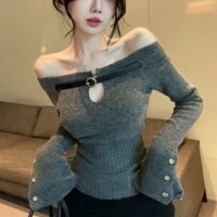 Áo len khoét vai màu xám dành cho nữ, áo giảm béo lộ xương quai xanh gợi cảm mùa thu