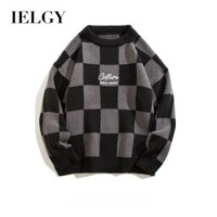 Áo len kiểm tra màu xanh lá cây IELGY Áo len dáng rộng cổ tròn