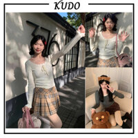 Áo len kiểu dài tay bèo trắng có thắt nơ ngực điệu đà thời trang thu đông cho nữ KUDOSHOP