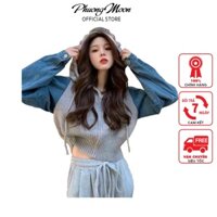 Áo len kiểu PHUONGMOON, áo len croptop tay dài, có mũ sau và tay phối bò xì teen năng động