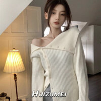 Áo len lệch vai có ve áo nữ không đều thon gọn vừa vặn đáy áo len cardigan xương đòn