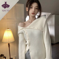 Áo len lệch vai có ve áo nữ không đều thon gọn vừa vặn đáy áo len cardigan xương đòn
