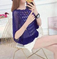 Áo len lỗ mỏng khoác ngoài tay cánh dơi AO15 Free size - Xanh coban