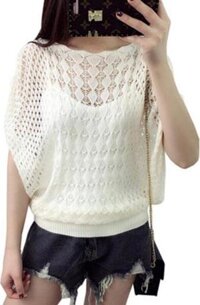 Áo len lỗ mỏng khoác ngoài tay cánh dơi AO15 Free size - Trắng kem