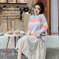 Áo len loang màu cầu vồng cổ tròn form rộng giấu quần tay dài