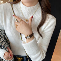 Áo len lót lông cừu mùa thu đông cho phụ nữ, áo cơ bản, cổ lọ nửa, dày dạn, ấm áp, mặc bên trong, tích hợp lông cừu chồn, áo trắng đan phù hợp với Xiguanwo Ge N9O3