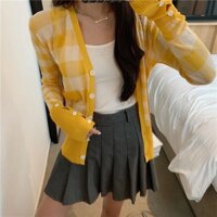 Áo len lửng tay dài kẻ sọc vuông thời trang cho nữ Áo Khoác Cardigan Mỏng Thun Len