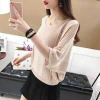 Áo len lưới cánh dơi tay lỡ cổ tròn len mềm mịn không xù - vàng - free size<65kg