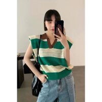 áo len lưới dệt kim độn vai kiểu cổ đức sọc kẻ