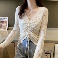 Áo Len Lưới Dệt Kim Mỏng Dáng Rộng Tay Dài Cổ Chữ V Phối Dây Rút Thời Trang Cho Nữ