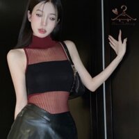 Áo len lưới dệt kim ôm body cổ lọ không tay xuyên thấu phối màu sexy quyến rũ
