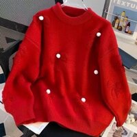 Áo len màu đỏ nơ bướm Áo dệt kim phong cách Tây mềm mại phong cách lười rộng rãi phong cách Hàn Quốc mẫu mới thu đông