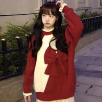 Áo Len Màu Đỏ Phối Nơ Lớn Sành Điệu Cá Tính Trang Phục Mùa Thu Đông Giáng Sinh Mùa Đông Dễ Phối Rộng Rãi Cho Nữ