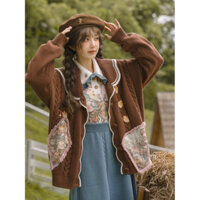 Áo len màu nâu sẫm phong cách Maillard Áo Khoác Nữ Áo len cardigan in họa tiết cổ điển khung chải rộng rãi ngọt ngào Mori Girl