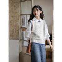 Áo len màu xám Áo Vest nữ mùa xuân dệt kim Áo len đáy cổ tròn Áo Vest