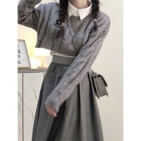 Áo Len Màu Xám Phong Cách Đại Học, Áo Sơ Mi, Bộ Hai Chiếc, Váy Liền, Bộ Đồ Xuân Thu Cho Nữ, Bộ Đồ Trà